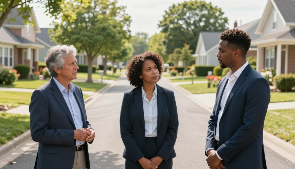 A group of three diverse homeowners, dressed in professional business attire, standing together at a well-maintained internal road that splits through their properties. The foreground captures them engaged in a serious discussion, with visual expressions reflecting deliberation and cooperation. In the middle, the road is lined with green trees and flowering bushes, symbolizing community and shared responsibility. The background features a suburban neighborhood with charming houses, showcasing a harmonious coexistence. Soft sunlight filters through the leaves, creating a warm, inviting atmosphere. The scene conveys a sense of solidarity and collaboration, emphasizing the practical aspects of shared ownership and mutual obligations regarding property maintenance. A group of three diverse homeowners, dressed in professional business attire, standing together at a well-maintained internal road that splits through their properties. The foreground captures them engaged in a serious discussion, with visual expressions reflecting deliberation and cooperation. In the middle, the road is lined with green trees and flowering bushes, symbolizing community and shared responsibility. The background features a suburban neighborhood with charming houses, showcasing a harmonious coexistence. Soft sunlight filters through the leaves, creating a warm, inviting atmosphere. The scene conveys a sense of solidarity and collaboration, emphasizing the practical aspects of shared ownership and mutual obligations regarding property maintenance.
