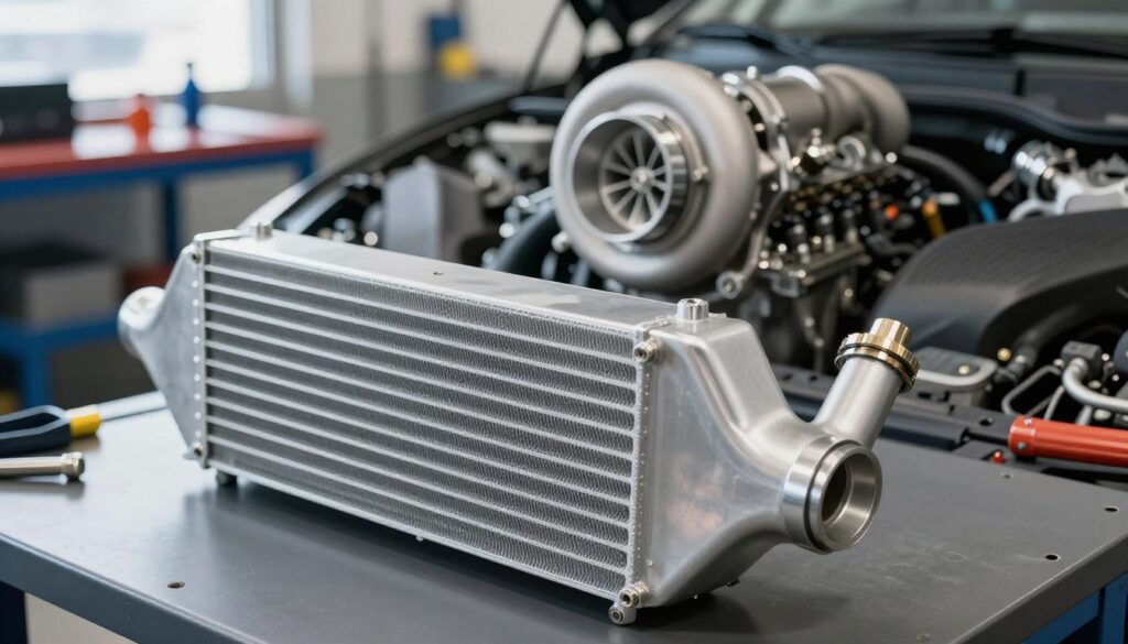 A high-detail image of a modern intercooler, prominently displayed in the foreground, showcasing its intricate fins and robust metal casing. The intercooler should be viewed at a slight angle to emphasize depth and texture, highlighting the cooling pipes and connectors. In the middle ground, include a sleek turbocharger, slightly blurred to create a sense of depth, illustrating the connection to the intercooler. The background should feature a well-lit automotive workshop with tools and equipment subtly out of focus. Soft, natural lighting enhances the metallic elements, creating a professional atmosphere. The mood should be technical and focused, portraying the significance of efficient air cooling in performance tuning. A high-detail image of a modern intercooler, prominently displayed in the foreground, showcasing its intricate fins and robust metal casing. The intercooler should be viewed at a slight angle to emphasize depth and texture, highlighting the cooling pipes and connectors. In the middle ground, include a sleek turbocharger, slightly blurred to create a sense of depth, illustrating the connection to the intercooler. The background should feature a well-lit automotive workshop with tools and equipment subtly out of focus. Soft, natural lighting enhances the metallic elements, creating a professional atmosphere. The mood should be technical and focused, portraying the significance of efficient air cooling in performance tuning.