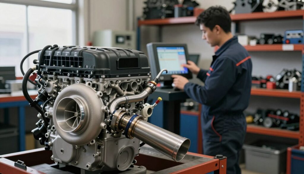 A high-performance diesel engine in a workshop setting, focusing on the intricate components that illustrate "gas reaction" and "turbo lag." In the foreground, highlight the engine's turbocharger with detailed piping and a shiny downpipe, showcasing its connection to the exhaust system. The middle ground should feature a mechanic in professional work attire, attentively examining a diagnostic display, emphasizing the technical aspect of performance tuning. The background includes blurred shelves filled with tools and engine parts, enhancing the workshop atmosphere. Soft, natural lighting filters through a window, casting subtle highlights on the engine. Capture a mood of precision and innovation, reflecting the dynamics of performance enhancement in diesel vehicles. A high-performance diesel engine in a workshop setting, focusing on the intricate components that illustrate "gas reaction" and "turbo lag." In the foreground, highlight the engine's turbocharger with detailed piping and a shiny downpipe, showcasing its connection to the exhaust system. The middle ground should feature a mechanic in professional work attire, attentively examining a diagnostic display, emphasizing the technical aspect of performance tuning. The background includes blurred shelves filled with tools and engine parts, enhancing the workshop atmosphere. Soft, natural lighting filters through a window, casting subtle highlights on the engine. Capture a mood of precision and innovation, reflecting the dynamics of performance enhancement in diesel vehicles.