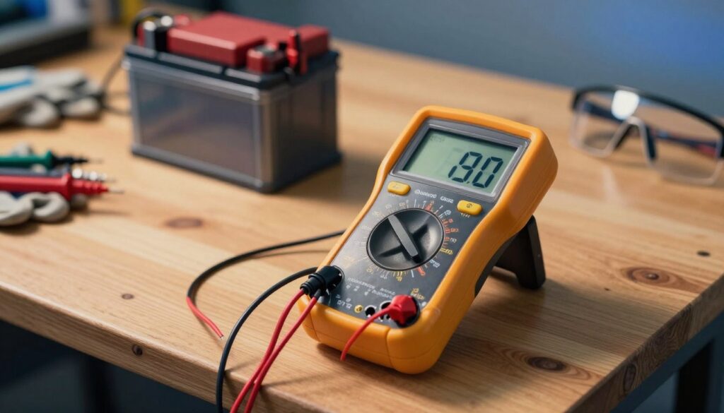 A high-quality close-up of a digital multimeter resting on a sturdy wooden workbench. The multimeter displays bright, clear readings of voltage, with colorful leads connected to a car battery in the background. Soft, diffused lighting creates a warm atmosphere, emphasizing the tool's metallic texture and the glossy display. In the background, slightly blurred out, are tools and safety equipment like gloves and goggles to hint at a well-equipped workspace. The angle is slightly above the bench, focusing on the multimeter, while a faint gradient of blue and yellow lighting adds a sense of professionalism and safety. No people are present in the image, ensuring full concentration on the multimeter and the setup. A high-quality close-up of a digital multimeter resting on a sturdy wooden workbench. The multimeter displays bright, clear readings of voltage, with colorful leads connected to a car battery in the background. Soft, diffused lighting creates a warm atmosphere, emphasizing the tool's metallic texture and the glossy display. In the background, slightly blurred out, are tools and safety equipment like gloves and goggles to hint at a well-equipped workspace. The angle is slightly above the bench, focusing on the multimeter, while a faint gradient of blue and yellow lighting adds a sense of professionalism and safety. No people are present in the image, ensuring full concentration on the multimeter and the setup.
