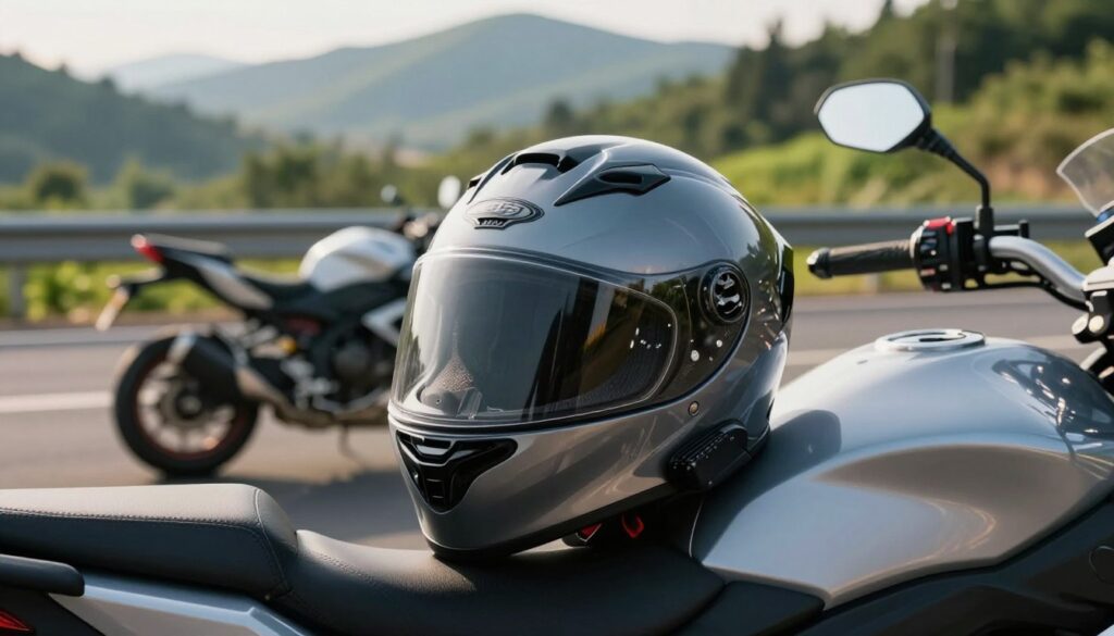 A high-quality image of a motorcycle touring helmet designed with advanced ventilation features, showcasing multiple air intakes and exhausts for optimal airflow. In the foreground, focus on the helmet placed on a sleek motorcycle seat, glistening under soft natural sunlight. The middle ground captures the motorcycle parked on a scenic highway, with lush greenery and distant mountains creating a stunning backdrop. The angle should emphasize the helmet's aerodynamic shape, highlighting its sleek design and comfort. The mood is adventurous yet serene, perfect for long-distance journeys. Soft shadows and warm lighting enhance the final look, making it inviting for motorcycle enthusiasts seeking comfort and safety on the road.