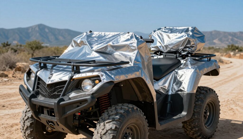 A high-quality image of a thermal-resistant quad cover designed to withstand temperatures up to 150°C. In the foreground, showcase the quad cover draped over a rugged all-terrain vehicle, emphasizing its reflective surface and sturdy stitching. The middle ground features a close-up of the material texture, highlighting its durability and resistance to heat, with sunlight glinting off the fabric. The background consists of a picturesque outdoor setting, with a dusty trail and a distant mountain range under a clear blue sky. The lighting is bright and vibrant, suggesting a sunny afternoon, creating a mood of adventure and protection. Use a wide-angle lens to capture the full scene, ensuring a professional and polished aesthetic. A high-quality image of a thermal-resistant quad cover designed to withstand temperatures up to 150°C. In the foreground, showcase the quad cover draped over a rugged all-terrain vehicle, emphasizing its reflective surface and sturdy stitching. The middle ground features a close-up of the material texture, highlighting its durability and resistance to heat, with sunlight glinting off the fabric. The background consists of a picturesque outdoor setting, with a dusty trail and a distant mountain range under a clear blue sky. The lighting is bright and vibrant, suggesting a sunny afternoon, creating a mood of adventure and protection. Use a wide-angle lens to capture the full scene, ensuring a professional and polished aesthetic.