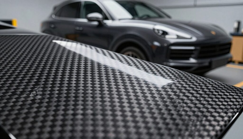 A highly detailed close-up image showcasing PRE-PREG carbon fiber in a 2x2 twill weave pattern. The foreground features a pristine piece of carbon fiber with a glossy finish, reflecting light realistically and highlighting the intricate weave pattern. In the middle ground, blurred outlines of a Porsche Cayenne body kit are softly visible, emphasizing the application of the material in automotive design. The background is a sleek workshop environment with soft, diffused lighting that enhances the carbon fiber's texture and captures the industrial atmosphere of high-quality automotive manufacturing. The overall mood is professional and sophisticated, conveying the advanced material technology used in modern SUVs. The image should be crisp and vivid, with an emphasis on the luxurious feel of the carbon fiber. A highly detailed close-up image showcasing PRE-PREG carbon fiber in a 2x2 twill weave pattern. The foreground features a pristine piece of carbon fiber with a glossy finish, reflecting light realistically and highlighting the intricate weave pattern. In the middle ground, blurred outlines of a Porsche Cayenne body kit are softly visible, emphasizing the application of the material in automotive design. The background is a sleek workshop environment with soft, diffused lighting that enhances the carbon fiber's texture and captures the industrial atmosphere of high-quality automotive manufacturing. The overall mood is professional and sophisticated, conveying the advanced material technology used in modern SUVs. The image should be crisp and vivid, with an emphasis on the luxurious feel of the carbon fiber.