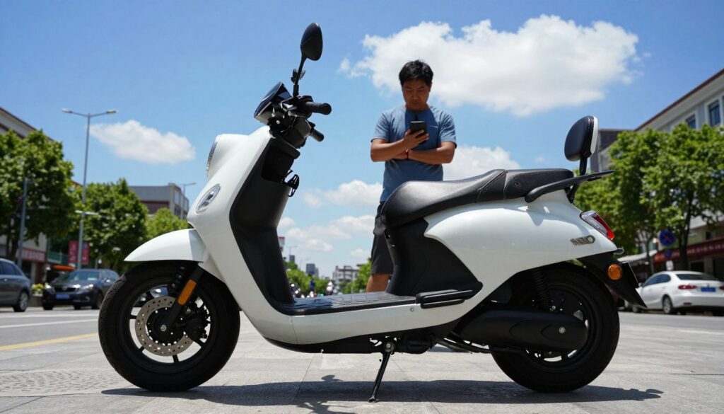 A low, compact motorcycle designed for shorter riders, showcasing its sleek design and comfortable seat height. The motorcycle is parked in a sunny urban environment, with a clear blue sky and a few scattered clouds. In the foreground, the motorcycle stands prominently, highlighting the low seat that’s ideal for someone who is 165 cm tall. In the middle ground, a professional-looking individual in casual attire examines the motorcycle, ensuring it reflects safety and usability for shorter riders. The background features city buildings and trees, creating a vibrant, lively atmosphere. Dramatic lighting emphasizes the motorcycle's curves, and a slight upward angle captures the essence of adventure and accessibility. A low, compact motorcycle designed for shorter riders, showcasing its sleek design and comfortable seat height. The motorcycle is parked in a sunny urban environment, with a clear blue sky and a few scattered clouds. In the foreground, the motorcycle stands prominently, highlighting the low seat that’s ideal for someone who is 165 cm tall. In the middle ground, a professional-looking individual in casual attire examines the motorcycle, ensuring it reflects safety and usability for shorter riders. The background features city buildings and trees, creating a vibrant, lively atmosphere. Dramatic lighting emphasizes the motorcycle's curves, and a slight upward angle captures the essence of adventure and accessibility.