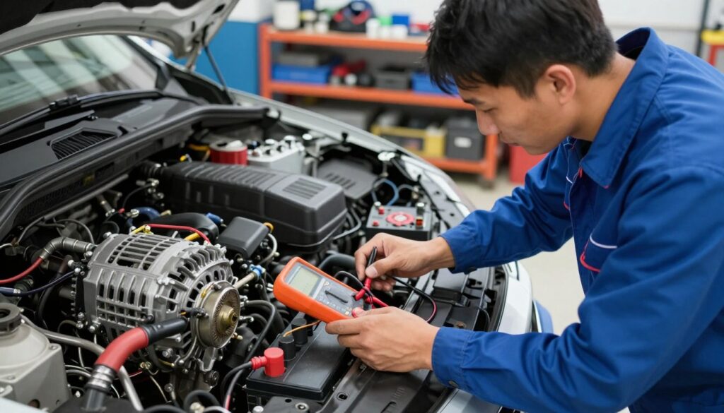 A mechanic in a clean, well-lit garage inspects the voltage output of a newly started car engine. In the foreground, the mechanic, dressed in a professional blue workshop uniform, is using a multimeter on the battery terminals, concentrating on the readings. The middle ground showcases a partially disassembled engine and the alternator with visible wires and connections, emphasizing the technical nature of the task. In the background, soft garage lighting illuminates shelves filled with tools and spare parts, creating a practical and industrious atmosphere. The angle is slightly tilted from above, providing a comprehensive view of the mechanics at work, evoking a sense of diligence and precision in automotive repair. A mechanic in a clean, well-lit garage inspects the voltage output of a newly started car engine. In the foreground, the mechanic, dressed in a professional blue workshop uniform, is using a multimeter on the battery terminals, concentrating on the readings. The middle ground showcases a partially disassembled engine and the alternator with visible wires and connections, emphasizing the technical nature of the task. In the background, soft garage lighting illuminates shelves filled with tools and spare parts, creating a practical and industrious atmosphere. The angle is slightly tilted from above, providing a comprehensive view of the mechanics at work, evoking a sense of diligence and precision in automotive repair.