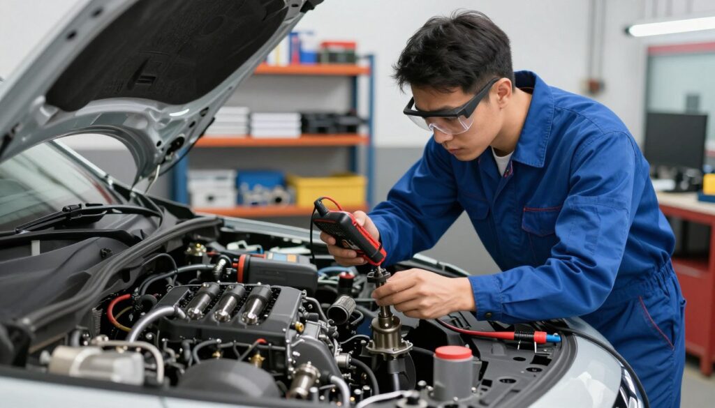 A mechanic in a modern garage examines an automotive engine, focusing on the camshaft position sensor and surrounding components. The mechanic, dressed in a blue jumpsuit and safety goggles, holds a diagnostic tool with a concentrated expression. The foreground features various engine parts and diagnostic equipment, while the middle shows the engine bay with wires and tools arranged neatly. In the background, soft, diffused lighting illuminates the garage, highlighting shelves stocked with repair manuals and spare parts. The atmosphere is technical and investigative, conveying the seriousness of diagnosing similar symptoms in vehicles. The image has a professional tone, suitable for illustrating complex automotive issues in an educational context.