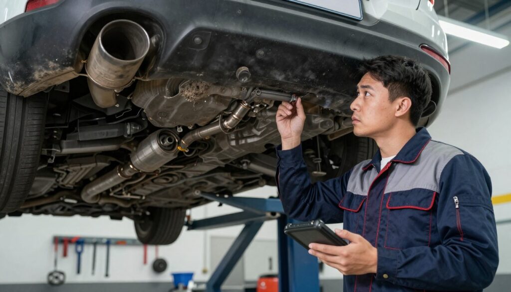 A mechanic in a professional business attire is standing beside a car on a lift, intently examining the vehicle's exhaust system, with a focus on the DPF (Diesel Particulate Filter). In the foreground, the mechanic is holding diagnostic equipment, looking concerned yet determined. The middle section captures the intricate details of the car’s underbelly with soot and debris around the DPF, showcasing mechanical complexity. The background features a well-lit garage environment, with tools hanging neatly on the wall and soft overhead lighting that emphasizes a serious yet focused atmosphere. The image is composed at a slightly low angle to give a sense of depth and importance to the mechanic's actions, invoking a mood of urgency and professionalism. A mechanic in a professional business attire is standing beside a car on a lift, intently examining the vehicle's exhaust system, with a focus on the DPF (Diesel Particulate Filter). In the foreground, the mechanic is holding diagnostic equipment, looking concerned yet determined. The middle section captures the intricate details of the car’s underbelly with soot and debris around the DPF, showcasing mechanical complexity. The background features a well-lit garage environment, with tools hanging neatly on the wall and soft overhead lighting that emphasizes a serious yet focused atmosphere. The image is composed at a slightly low angle to give a sense of depth and importance to the mechanic's actions, invoking a mood of urgency and professionalism.