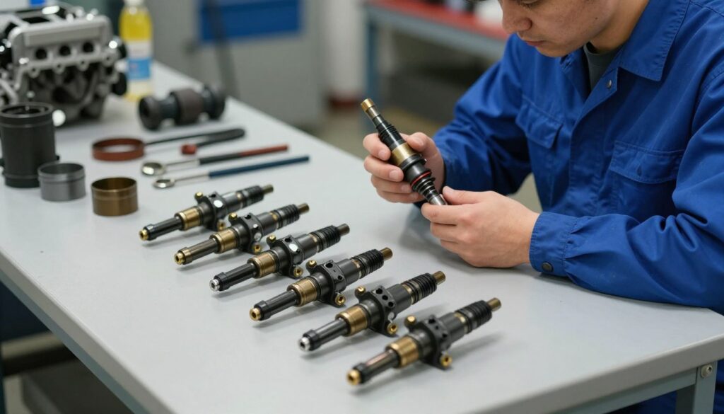 A mechanic in a well-lit workshop, inspecting a diesel engine’s fuel injectors laid out on a clean workbench. The focus is on a few meticulously arranged injectors, showcasing their intricate design and varying sizes. In the background, various tools and parts are slightly blurred to emphasize the injectors while conveying the work environment. The scene is illuminated by soft, overhead lighting creating a professional mood, highlighting the details of the injectors. The mechanic, dressed in a standard blue jumpsuit, is examining one of the injectors with a thoughtful expression, emphasizing the theme of cost and failure risk associated with the number of injectors in a diesel engine.