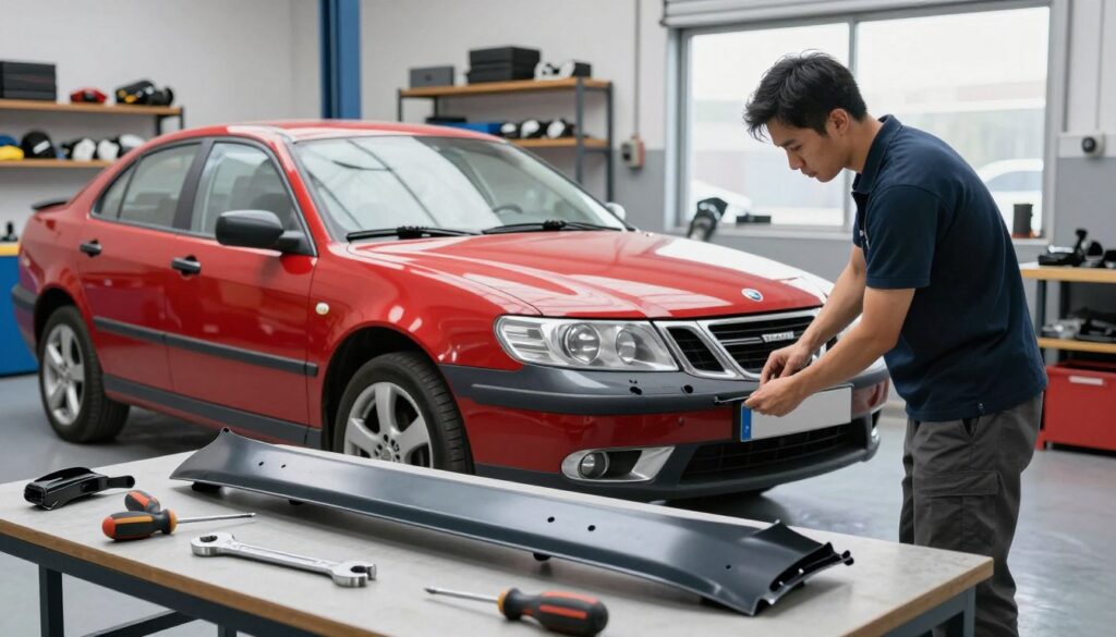 A mechanic in smart casual clothing is carefully assembling a body kit for a Saab 9-3 in a well-lit workshop. In the foreground, tools like a wrench and screwdriver are neatly displayed on a workbench, while the sleek body kit parts, including front bumper and side skirts, lie nearby, ready for fitting. The middle ground features the Saab 9-3, partially covered in protective sheeting, showcasing its vibrant color and contours, while the mechanic examines the fitment of the body kit. In the background, garage shelves filled with car parts and a large window allow natural daylight to illuminate the scene, creating a focused and industrious atmosphere. The image conveys precision and professionalism, emphasizing the importance of proper installation without frustration.