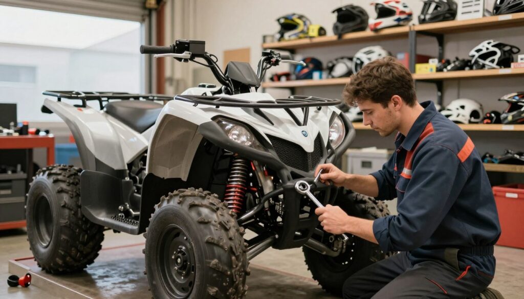 A mechanic inspecting a used quad bike in a well-lit garage environment. In the foreground, a focused mechanic, dressed in professional work attire, closely examines the quad’s engine and frame, holding a wrench. In the middle ground, a gleaming quad bike is positioned prominently, showcasing its rugged design and intricate mechanical details. Tools and equipment are scattered on a workbench nearby, hinting at a thorough inspection process. The background features shelves stocked with quad bike parts and accessories. Soft, diffused lighting creates a warm atmosphere, emphasizing the careful attention to detail. The overall mood is one of professionalism and diligence, capturing the essence of a technical assessment before making a purchase. A mechanic inspecting a used quad bike in a well-lit garage environment. In the foreground, a focused mechanic, dressed in professional work attire, closely examines the quad’s engine and frame, holding a wrench. In the middle ground, a gleaming quad bike is positioned prominently, showcasing its rugged design and intricate mechanical details. Tools and equipment are scattered on a workbench nearby, hinting at a thorough inspection process. The background features shelves stocked with quad bike parts and accessories. Soft, diffused lighting creates a warm atmosphere, emphasizing the careful attention to detail. The overall mood is one of professionalism and diligence, capturing the essence of a technical assessment before making a purchase.