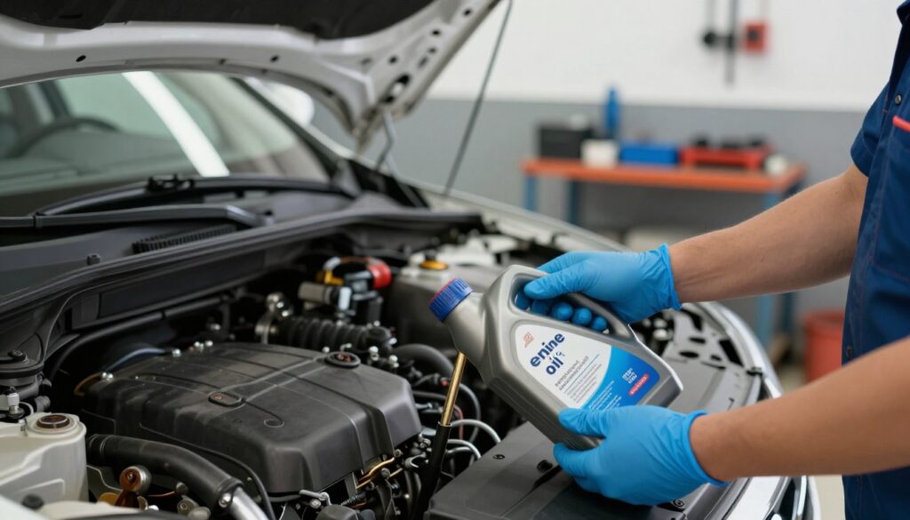 A mechanic inspecting the oil level in a modern gasoline engine with a dipstick, set in a well-lit garage environment. In the foreground, focus on the mechanic's hands, wearing blue nitrile gloves, holding the dipstick next to an oil container labeled 'engine oil'. The middle ground features an open hood of a car revealing the engine, with shadows highlighting the mechanical details. The background showcases a clean, organized garage with tools and equipment neatly arranged. Soft, natural lighting illuminates the scene, creating a professional and focused atmosphere, indicating the importance of regular maintenance. A close-up angle emphasizes the action of checking the oil, conveying a sense of diligence and care.