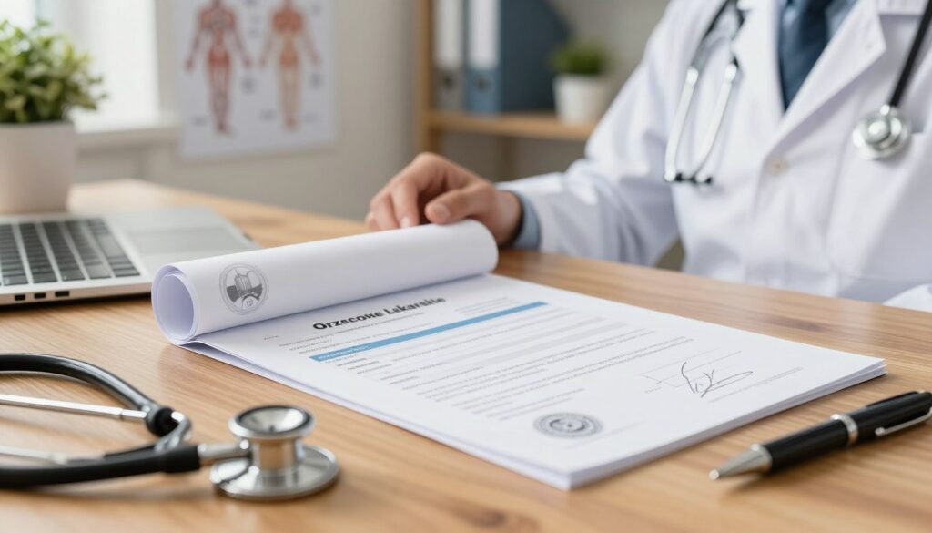 A medical certificate (orzeczenie lekarskie) prominently displayed on a polished wooden desk. The certificate is partially unrolled, showcasing official stamps and signatures, along with a clear listing of medical evaluations relevant to renewing a driver's license. In the foreground, a stethoscope and a pen lay beside the certificate, suggesting a professional medical setting. The middle ground features a soft-focus image of a doctor in a white coat, appearing to review the document, embodying trust and professionalism. In the background, a well-organized office is visible, with a potted plant and a medical chart on a shelf, creating a calm and efficient atmosphere. The lighting is warm and inviting, conveying reliability and a sense of authority. The angle captures the desk and medical details in a compelling way, ensuring clarity and focus on the certificate.