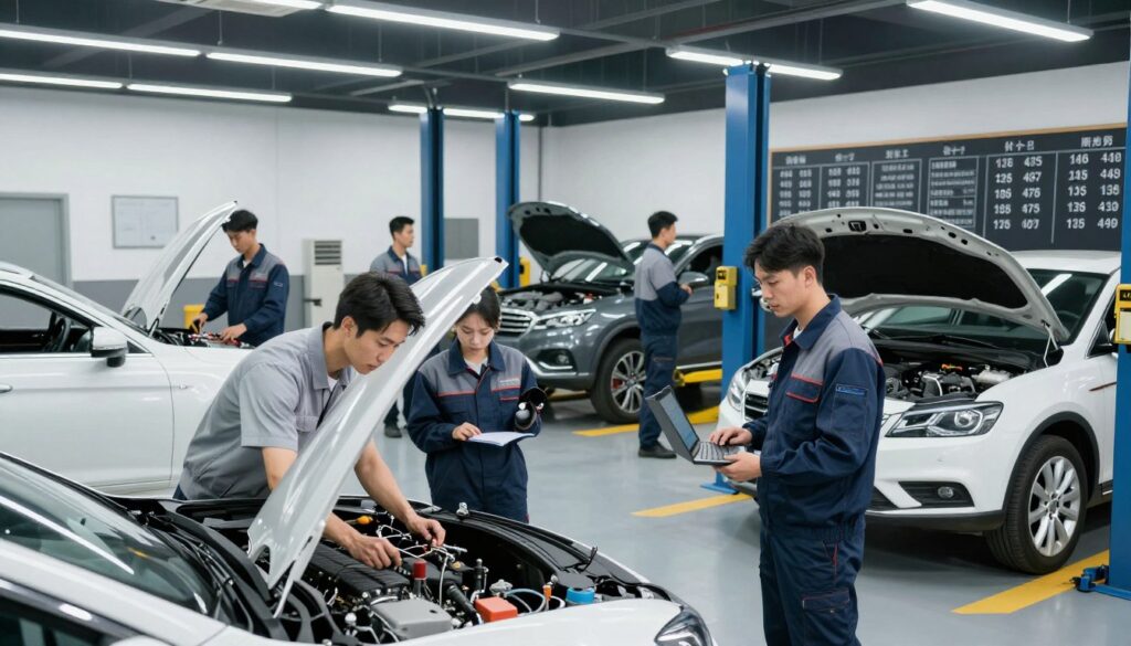 A modern automotive workshop interior, featuring a diverse group of professional male and female mechanics in neat uniforms, engaged in various tasks on several cars being serviced. The foreground shows one mechanic examining an engine with tools, while another is using a laptop to check vehicle specifications nearby. The middle ground reveals several vehicles on lifts, illuminated with bright overhead LED lights, emphasizing the cleanliness and organization of the workshop. In the background, a large chalkboard displays various job postings and pay rates for automotive mechanics, hinting at the focus on earnings in the profession. The overall atmosphere is industrious and focused, with a hint of collaboration, captured from a slightly elevated angle to show depth in the workshop environment.