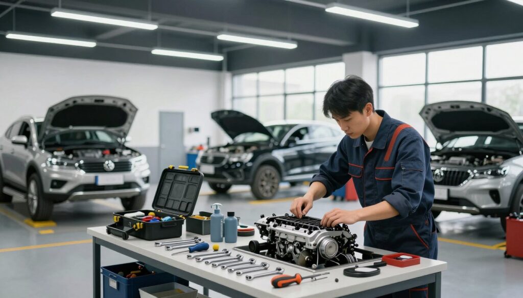 A modern car repair workshop filled with activity, showcasing a well-organized space with tools and automotive parts. In the foreground, a mechanic in professional coveralls examines an engine on a workbench, illuminated by bright overhead LED lights. In the middle, various tools like wrenches and screwdrivers are neatly arranged, along with an open toolbox. The background features a couple of cars on lifts, with large windows allowing natural light to flood the room. The atmosphere is busy yet efficient, conveying professionalism and the essence of running a successful auto repair business. Emphasize a sense of order and reliability, highlighting the potential for earning in the automotive profession.