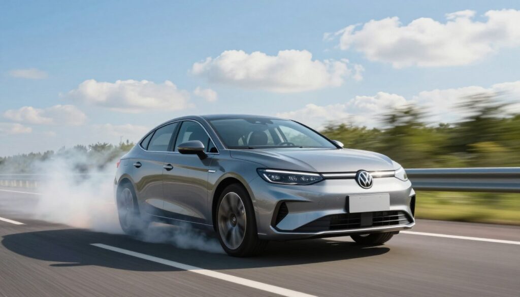 A modern diesel car driving on an open highway, partially obscured by a plume of exhaust smoke indicating the DPF (Diesel Particulate Filter) regeneration process occurring during the journey. In the foreground, the vehicle is sharply focused, showcasing its sleek body and dynamic lines. The middle ground features blurred green landscapes on either side, emphasizing speed and motion. The background displays a clear blue sky with soft, billowing clouds, creating a bright, sunny atmosphere. The lighting is natural and highlights the shimmering paint of the car, while the angle is slightly low to capture the action of the vehicle. The mood is vibrant and technical, embodying the theme of effective DPF regeneration while driving. A modern diesel car driving on an open highway, partially obscured by a plume of exhaust smoke indicating the DPF (Diesel Particulate Filter) regeneration process occurring during the journey. In the foreground, the vehicle is sharply focused, showcasing its sleek body and dynamic lines. The middle ground features blurred green landscapes on either side, emphasizing speed and motion. The background displays a clear blue sky with soft, billowing clouds, creating a bright, sunny atmosphere. The lighting is natural and highlights the shimmering paint of the car, while the angle is slightly low to capture the action of the vehicle. The mood is vibrant and technical, embodying the theme of effective DPF regeneration while driving.