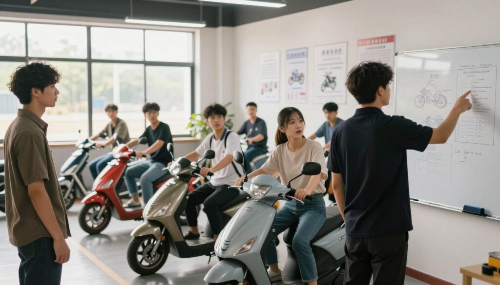 A modern driving school classroom filled with students attentively engaged in a motorcycle driving course. In the foreground, a focused instructor stands next to a whiteboard, pointing to diagrams of motorcycle regulations. The middle ground features diverse students, some practicing on small scooters, dressed in professional casual clothing. The background highlights a large window with bright daylight streaming in, illuminating the room and creating a warm, inviting atmosphere. The walls are adorned with posters showing the steps of obtaining a motorcycle license. The scene captures a sense of determination and learning, with a depth of field that softly blurs the background while keeping the students and instructor in sharp focus.