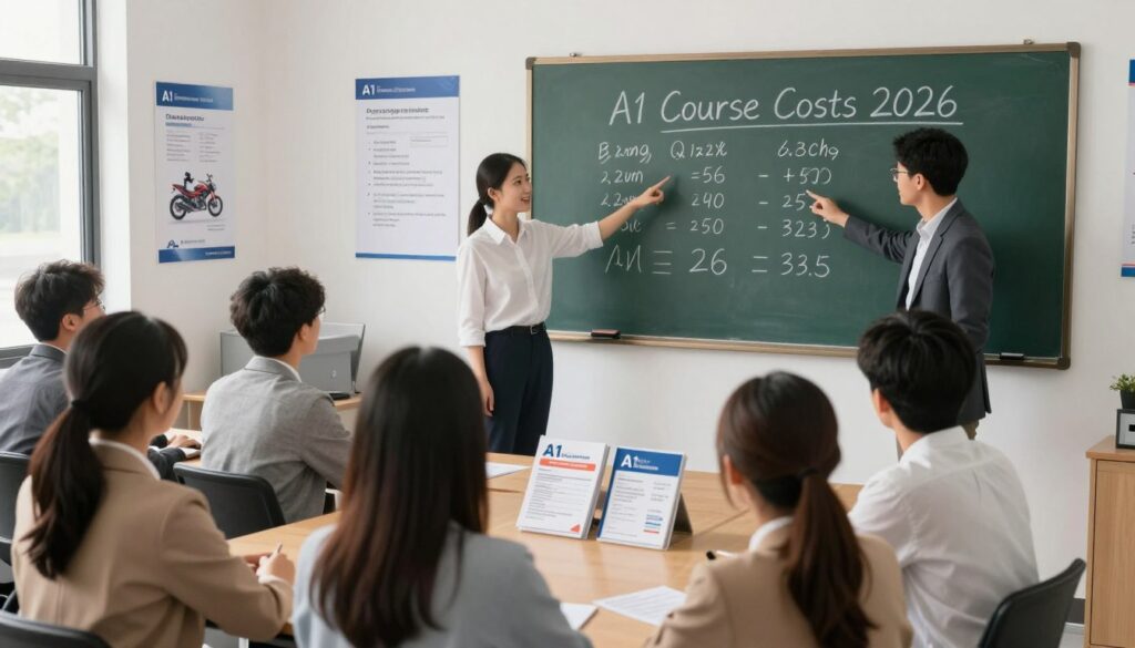 A modern driving school classroom setting featuring a detailed chalkboard displaying the phrase "A1 Course Costs 2026" with calculations and numbers written on it. In the foreground, a group of diverse students, dressed in professional casual attire, are attentively listening to a knowledgeable instructor pointing towards the board. The middle ground includes a well-lit desk with brochures and documents related to driving licenses and costs. The background shows wall posters about A1 motorcycle safety and regulations. The lighting is bright and inviting, with a warm, motivational atmosphere that encourages learning about the costs of obtaining an A1 driving license. The angle is slightly elevated, creating an immersive environment that conveys focus and engagement. A modern driving school classroom setting featuring a detailed chalkboard displaying the phrase "A1 Course Costs 2026" with calculations and numbers written on it. In the foreground, a group of diverse students, dressed in professional casual attire, are attentively listening to a knowledgeable instructor pointing towards the board. The middle ground includes a well-lit desk with brochures and documents related to driving licenses and costs. The background shows wall posters about A1 motorcycle safety and regulations. The lighting is bright and inviting, with a warm, motivational atmosphere that encourages learning about the costs of obtaining an A1 driving license. The angle is slightly elevated, creating an immersive environment that conveys focus and engagement.