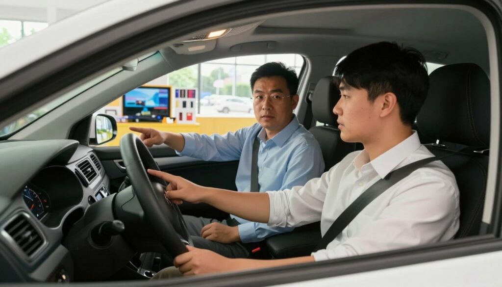 A modern driving school interior featuring a professional driving instructor seated next to a student in a clean, organized car equipped with an automatic transmission. In the foreground, the instructor points towards the dashboard, emphasizing the gear shift. The student, dressed in smart casual clothing, appears focused and attentive, gripping the steering wheel. In the middle ground, a bright, well-lit space showcases a driving simulator and various driving school materials. In the background, large windows reveal a glimpse of city streets, suggesting practical driving lessons underway. The overall atmosphere is one of professionalism and encouragement, highlighted by warm lighting that conveys a sense of learning and excitement. The angle captures the dynamic interaction between instructor and student, promoting a sense of engagement and trust.