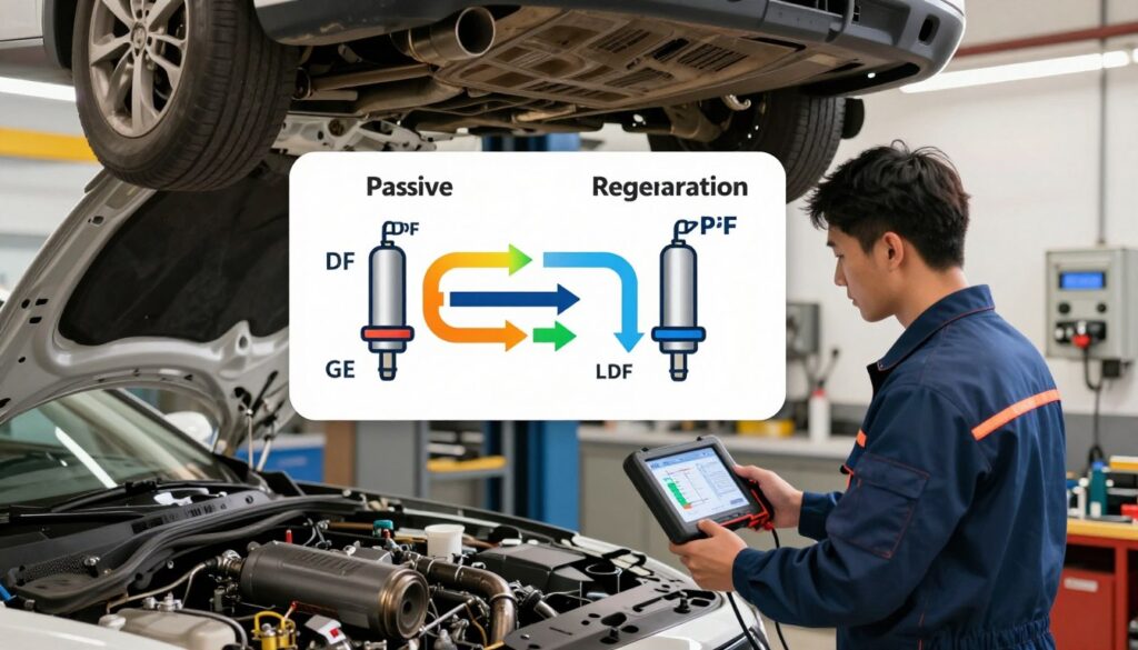 A modern mechanic's workshop focused on DPF (Diesel Particulate Filter) regeneration, showcasing two distinct methods: passive and active regeneration. In the foreground, a mechanic in professional attire is inspecting a car’s exhaust system, holding a diagnostic tool with technical metrics displayed on a screen. In the middle ground, an animated diagram illustrates the different temperatures in the exhaust system during both types of DPF regeneration, with color-coded arrows indicating the process flow. The background features well-organized workshop tools and equipment under warm, natural lighting, creating an inviting yet technical atmosphere. The scene captures a moment of professional diligence and engagement with automotive technology, emphasizing the importance of proper DPF maintenance.