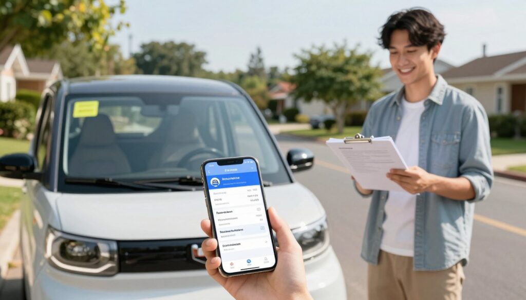 A modern microcar parked on a suburban street, adorned with a bright yellow insurance sticker on its windshield, symbolizing its insurance coverage. In the foreground, show a smartphone displaying an insurance app interface, indicating policy details and costs, with an inviting soft glow from the screen. In the middle ground, there's a cheerful young adult in smart casual attire, holding a clipboard filled with documents related to vehicle registration and insurance, conveying a sense of responsibility. In the background, a serene neighborhood with green trees and a clear sky, creating a hopeful atmosphere. Capture the scene in warm, natural daylight with a shallow depth of field, focusing sharply on the car and the individual while softly blurring the surroundings for emphasis on the theme of car insurance.