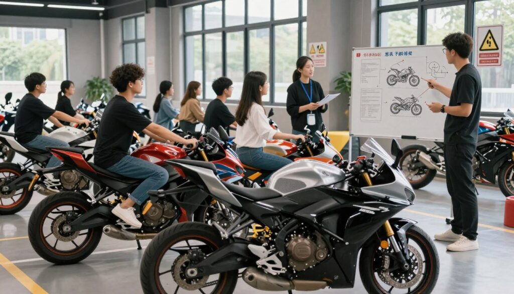 A modern motorcycle training environment, featuring an A1 category motorcycle in the foreground. The bike is sleek and designed for learners, showcasing its distinct features like a lightweight frame and beginner-friendly controls. In the middle ground, a diverse group of students, dressed in casual but modest attire, attentively listening to an instructor explaining theoretical concepts, using a whiteboard filled with diagrams of motorcycle components and safety tips. The background displays a well-organized training facility with a motorcycle and road safety signs. Soft, natural lighting filters in through large windows, creating an inviting and focused atmosphere. The scene conveys professionalism, learning, and excitement for new riders. A modern motorcycle training environment, featuring an A1 category motorcycle in the foreground. The bike is sleek and designed for learners, showcasing its distinct features like a lightweight frame and beginner-friendly controls. In the middle ground, a diverse group of students, dressed in casual but modest attire, attentively listening to an instructor explaining theoretical concepts, using a whiteboard filled with diagrams of motorcycle components and safety tips. The background displays a well-organized training facility with a motorcycle and road safety signs. Soft, natural lighting filters in through large windows, creating an inviting and focused atmosphere. The scene conveys professionalism, learning, and excitement for new riders.