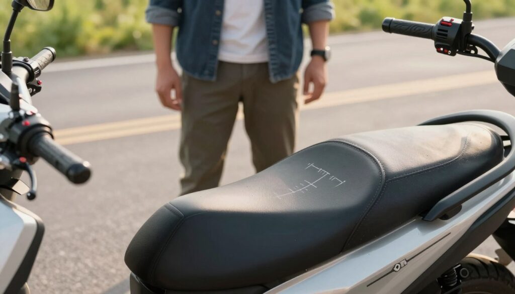 A motorcycle parked in an open area, showcasing its seat height prominently. In the foreground, a close-up view of the motorcycle seat, measuring a low height suitable for short riders, with clear markers for measurement. In the middle, a rider in professional casual clothing is shown approach the motorcycle, demonstrating ease of access and comfort while standing next to it. The background features a smooth, sunlit road with soft green grass lining the edges, conveying a relaxed, inviting atmosphere. The lighting is warm and natural, emphasizing the details of the motorcycle's design and the rider's posture. The angle captures the motorcycle from a slightly elevated perspective, creating an engaging view that highlights the seat height in relation to the rider's height. A motorcycle parked in an open area, showcasing its seat height prominently. In the foreground, a close-up view of the motorcycle seat, measuring a low height suitable for short riders, with clear markers for measurement. In the middle, a rider in professional casual clothing is shown approach the motorcycle, demonstrating ease of access and comfort while standing next to it. The background features a smooth, sunlit road with soft green grass lining the edges, conveying a relaxed, inviting atmosphere. The lighting is warm and natural, emphasizing the details of the motorcycle's design and the rider's posture. The angle captures the motorcycle from a slightly elevated perspective, creating an engaging view that highlights the seat height in relation to the rider's height.