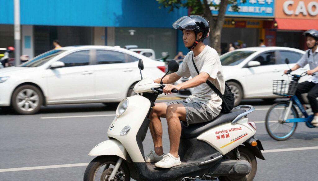 A person confidently riding a scooter on a vibrant street, showcasing the theme of "driving without a license." In the foreground, a young adult in casual yet modest clothing, wearing a helmet, is focused on maneuvering the scooter. The middle ground features city elements like parked cars and cyclists, emphasizing the urban environment. In the background, a clear blue sky and distant buildings add depth, creating an everyday scene. Natural sunlight bathes the setting, enhancing the lively atmosphere. The composition is shot from a slight angle to capture both the rider and the surrounding environment, highlighting the freedom and casual nature of scooter riding. The overall mood is energetic, reflecting the excitement of urban exploration. A person confidently riding a scooter on a vibrant street, showcasing the theme of "driving without a license." In the foreground, a young adult in casual yet modest clothing, wearing a helmet, is focused on maneuvering the scooter. The middle ground features city elements like parked cars and cyclists, emphasizing the urban environment. In the background, a clear blue sky and distant buildings add depth, creating an everyday scene. Natural sunlight bathes the setting, enhancing the lively atmosphere. The composition is shot from a slight angle to capture both the rider and the surrounding environment, highlighting the freedom and casual nature of scooter riding. The overall mood is energetic, reflecting the excitement of urban exploration.