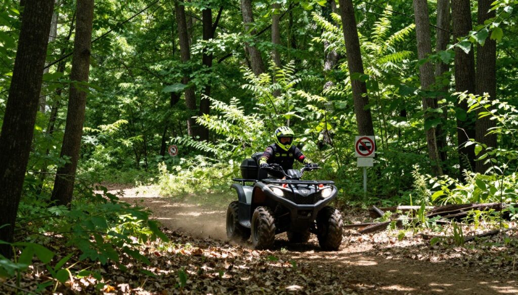 A picturesque forest scene featuring a quad bike navigating through lush greenery, showcasing the beauty of nature while highlighting the concept of responsible off-road driving. In the foreground, the quad bike is in motion, kicking up soft earth and leaves, with a rider clad in a bright helmet and protective gear, representing safety and compliance. In the middle ground, tall trees with dense foliage create a natural barrier, indicative of a protected area, while subtle signs of restrictions are visible, such as a "no entry" sign partially obscured by vegetation. The background reveals a gentle sunlight filtering through the trees, creating dappled shadows on the forest floor, evoking a serene yet cautious atmosphere. The composition conveys respect for nature and emphasizes the importance of mindful exploration in designated areas. A picturesque forest scene featuring a quad bike navigating through lush greenery, showcasing the beauty of nature while highlighting the concept of responsible off-road driving. In the foreground, the quad bike is in motion, kicking up soft earth and leaves, with a rider clad in a bright helmet and protective gear, representing safety and compliance. In the middle ground, tall trees with dense foliage create a natural barrier, indicative of a protected area, while subtle signs of restrictions are visible, such as a "no entry" sign partially obscured by vegetation. The background reveals a gentle sunlight filtering through the trees, creating dappled shadows on the forest floor, evoking a serene yet cautious atmosphere. The composition conveys respect for nature and emphasizes the importance of mindful exploration in designated areas.