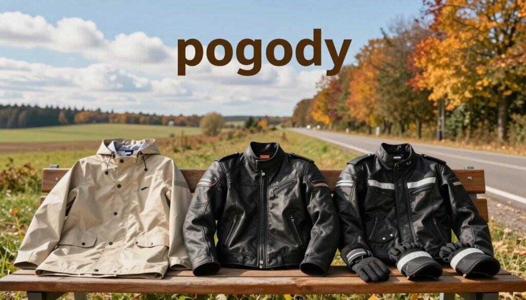 A picturesque outdoor scene illustrating the concept of "pogody" with a focus on seasonal weather. In the foreground, a neatly arranged selection of clothing suitable for motorcycle passengers of varying weather conditions, such as a lightweight raincoat, a stylish yet safe leather jacket, warm gloves, and reflective gear, all displayed on a wooden bench. In the middle ground, a scenic landscape showcasing a sunny day with soft clouds and a hint of autumn foliage, suggesting comfortable riding conditions. The background features a winding road lined with vibrant trees under a clear blue sky, capturing the essence of an enjoyable motorcycling day. Soft, natural lighting creates an inviting atmosphere, emphasizing the importance of weather-appropriate attire.