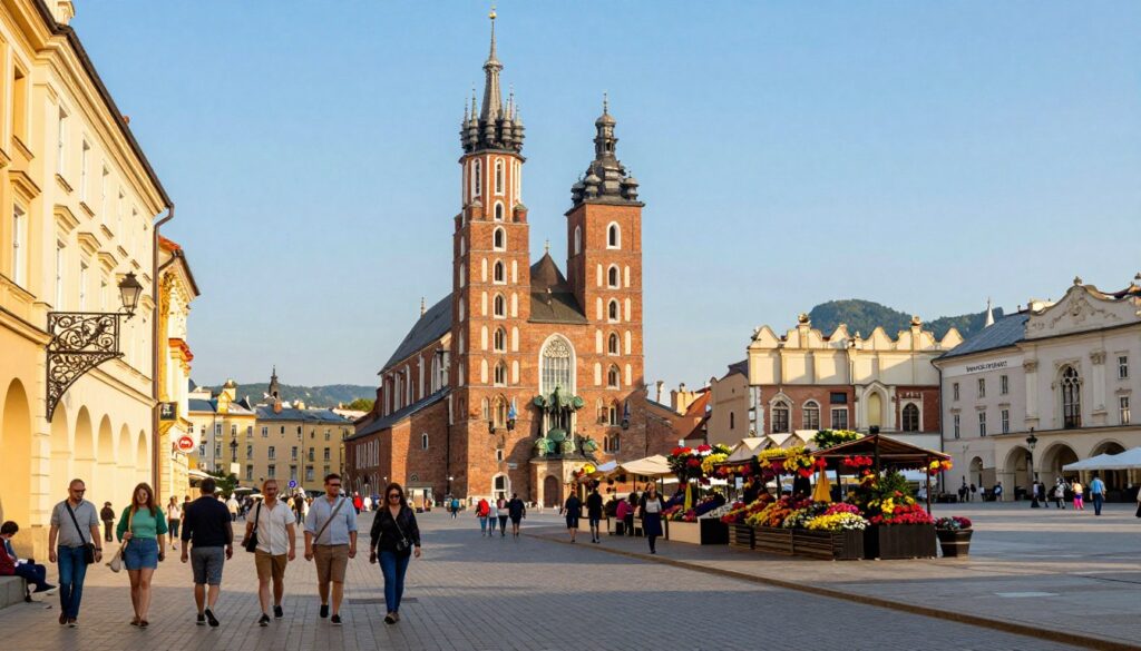 A picturesque view of Cracovia Kraków, showcasing a vibrant scene of the city's iconic architecture. In the foreground, a peaceful street lined with cobblestones, where people in modest casual clothing stroll, enjoying the sunlit ambiance. The middle ground features the stunning Wawel Castle and the historic Main Market Square, highlighted by colorful flower stalls. In the background, majestic hills under a clear blue sky, creating a serene yet lively atmosphere. Soft, warm lighting bathes the scene, evoking feelings of nostalgia and community. The image captures the essence of Kraków, reflecting its rich culture and tradition, particularly regarding the historical "biało-czerwone pasy." Use a wide-angle lens to encompass both the bustling street life and the architectural beauty of this enchanting city.