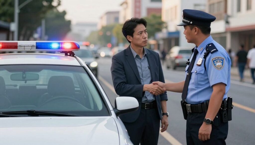 A police officer in a crisp uniform, standing next to a stopped vehicle on a city street, with flashing blue and red lights visible. The scene captures the moment of a driver being informed about the suspension of their driving license. The driver is wearing business casual attire, appearing concerned and attentive. The background shows a bustling urban environment, with blurred silhouettes of pedestrians and buildings to indicate a busy day. Soft, natural sunlight filters through slight cloud cover, illuminating the scene with a serious yet calm atmosphere. The angle focuses on the interaction between the officer and the driver, highlighting the tension and consequences of driving without a license, while maintaining a professional and respectful representation of all individuals involved. A police officer in a crisp uniform, standing next to a stopped vehicle on a city street, with flashing blue and red lights visible. The scene captures the moment of a driver being informed about the suspension of their driving license. The driver is wearing business casual attire, appearing concerned and attentive. The background shows a bustling urban environment, with blurred silhouettes of pedestrians and buildings to indicate a busy day. Soft, natural sunlight filters through slight cloud cover, illuminating the scene with a serious yet calm atmosphere. The angle focuses on the interaction between the officer and the driver, highlighting the tension and consequences of driving without a license, while maintaining a professional and respectful representation of all individuals involved.
