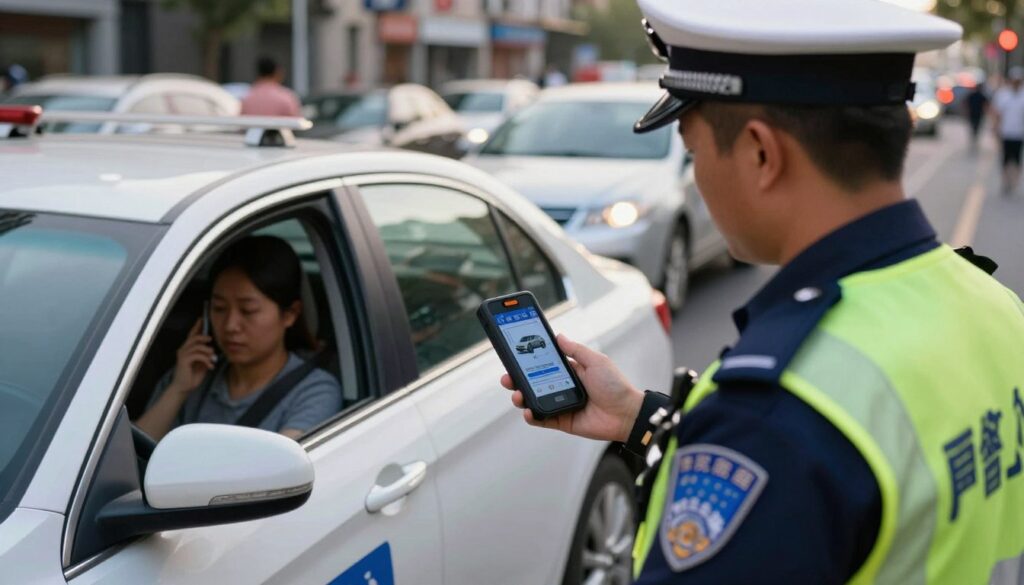 A police officer in a reflective uniform stands beside a parked car on a busy urban street. The officer is using a high-tech handheld device to monitor drivers for phone usage while driving. In the foreground, the focus is on the officer's device, capturing digital data and images of various vehicles. In the middle ground, a family sedan is present, with the driver appearing distracted by their phone, partially visible through the window. The background features a bustling cityscape with blurred movement, emphasizing the busy atmosphere of the street. The scene is lit with soft afternoon sunlight, creating a warm and serious mood, highlighting the importance of road safety. The angle can be slightly elevated to show both the officer's device and the car's interior.