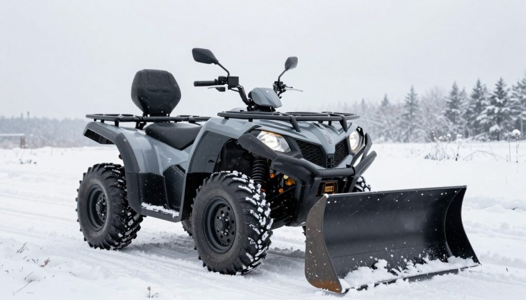 A powerful all-terrain quad equipped with a durable snow plow attachment, parked on a snow-covered landscape. In the foreground, show the quad in sharp focus, showcasing its rugged tires and strong build. The snow plow should be prominently displayed, highlighting its robust design and functional features. In the middle ground, depict a snowy trail and a lightly snow-laden environment, with hints of evergreen trees barely visible in the colder climate. The background should provide a soft, overcast sky filled with snowflakes gently falling down, enhancing the winter atmosphere. Use natural lighting to create a crisp, cold feel, with the scene captured from a low angle to emphasize the quad's capabilities as essential winter equipment. A powerful all-terrain quad equipped with a durable snow plow attachment, parked on a snow-covered landscape. In the foreground, show the quad in sharp focus, showcasing its rugged tires and strong build. The snow plow should be prominently displayed, highlighting its robust design and functional features. In the middle ground, depict a snowy trail and a lightly snow-laden environment, with hints of evergreen trees barely visible in the colder climate. The background should provide a soft, overcast sky filled with snowflakes gently falling down, enhancing the winter atmosphere. Use natural lighting to create a crisp, cold feel, with the scene captured from a low angle to emphasize the quad's capabilities as essential winter equipment.