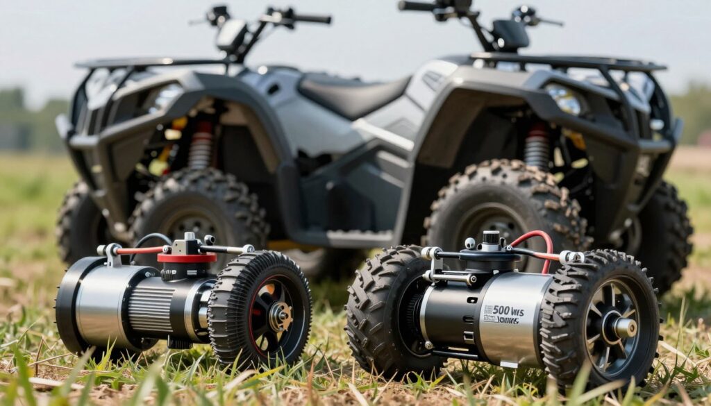 A powerful and dynamic scene showcasing two rugged, high-performance quad motors with detailed specifications. In the foreground, feature a close-up of the motors highlighting their robust designs—metallic finishes, intricate wiring, and impressive power output labels (around 500 watts). In the middle ground, place an electric quad bike, showcasing its strong build meant for varied terrains such as grass and dirt. The background includes a soft-focus view of a sunny outdoor environment with green grass, hinting at an off-road setting. Highlight the activity atmosphere with bright natural lighting, shot at a low angle to emphasize the quads' strength and durability. The overall mood conveys excitement and reliability, ideal for young adventurers. A powerful and dynamic scene showcasing two rugged, high-performance quad motors with detailed specifications. In the foreground, feature a close-up of the motors highlighting their robust designs—metallic finishes, intricate wiring, and impressive power output labels (around 500 watts). In the middle ground, place an electric quad bike, showcasing its strong build meant for varied terrains such as grass and dirt. The background includes a soft-focus view of a sunny outdoor environment with green grass, hinting at an off-road setting. Highlight the activity atmosphere with bright natural lighting, shot at a low angle to emphasize the quads' strength and durability. The overall mood conveys excitement and reliability, ideal for young adventurers.