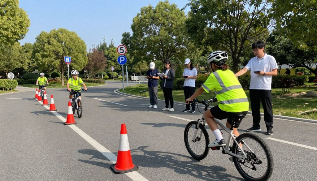 A practical bicycle exam scene showcasing a young cyclist preparing for their skills test. In the foreground, the cyclist, dressed in a bright, safety-oriented cycling outfit, is practicing a series of maneuvers, such as turning and stopping. The middle ground features a series of traffic cones and road signs arranged as part of the test course. In the background, a small group of onlookers and examiners observes, taking notes and providing encouragement. The setting is a well-maintained park with clear blue skies and soft sunlight filtering through the trees, casting gentle shadows. The mood is focused yet supportive, symbolizing preparation and accomplishment. Use a wide-angle lens to capture the full scene, ensuring vibrant colors and clarity. A practical bicycle exam scene showcasing a young cyclist preparing for their skills test. In the foreground, the cyclist, dressed in a bright, safety-oriented cycling outfit, is practicing a series of maneuvers, such as turning and stopping. The middle ground features a series of traffic cones and road signs arranged as part of the test course. In the background, a small group of onlookers and examiners observes, taking notes and providing encouragement. The setting is a well-maintained park with clear blue skies and soft sunlight filtering through the trees, casting gentle shadows. The mood is focused yet supportive, symbolizing preparation and accomplishment. Use a wide-angle lens to capture the full scene, ensuring vibrant colors and clarity.