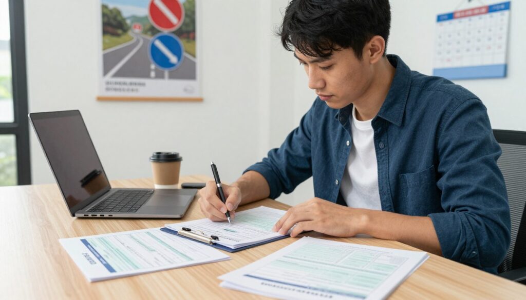 A professional candidate driver profile scene, featuring a focused young adult sitting at a desk filled with relevant materials for obtaining a driver's license. The subject is wearing smart casual attire, displaying an expression of concentration as they fill out an application form. In the foreground, close-up on the application papers and a driver's handbook. In the middle, the candidate is surrounded by a laptop, a pen, and a coffee mug, creating a study-like atmosphere. The background showcases a well-lit room with a poster of road signs and a calendar indicating driving course dates. Soft, natural lighting illuminates the scene, enhancing the mood of determination and preparation, captured from a slightly elevated angle to give depth.