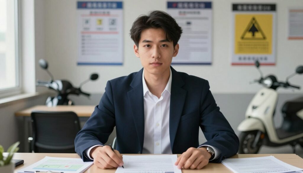 A professional candidate portrait centered on a young adult male, wearing smart casual attire, looking confidently at the camera. He is seated at a desk filled with documents related to obtaining a motorcycle license, including charts and application forms. The background features a soft-focus educational environment, showcasing posters of traffic rules and a scooter for instructional purposes. Soft, natural lighting illuminates the scene from a window on the left, casting gentle shadows. The image composition is thoughtfully framed, highlighting the subject in the foreground, while the educational elements are subtly integrated in the middle. The overall mood is focused and aspirational, conveying the importance of preparing for a motorcycle license. A professional candidate portrait centered on a young adult male, wearing smart casual attire, looking confidently at the camera. He is seated at a desk filled with documents related to obtaining a motorcycle license, including charts and application forms. The background features a soft-focus educational environment, showcasing posters of traffic rules and a scooter for instructional purposes. Soft, natural lighting illuminates the scene from a window on the left, casting gentle shadows. The image composition is thoughtfully framed, highlighting the subject in the foreground, while the educational elements are subtly integrated in the middle. The overall mood is focused and aspirational, conveying the importance of preparing for a motorcycle license.