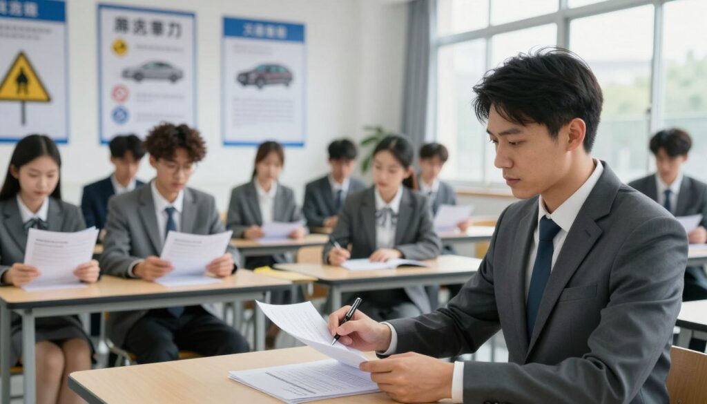 A professional driving instructor exam scene set inside a well-lit, modern driving school classroom. In the foreground, a serious and focused driving instructor, dressed in smart business attire, sits at a desk reviewing examination papers with a pen in hand. In the middle ground, a diverse group of eager candidates, also in professional attire, engages in discussion, some studying manuals, and preparing for their practical tests. The background features large posters on the wall illustrating road signs and safe driving practices, coupled with a large window allowing natural light to flood the space. The mood conveys anticipation and seriousness, reflecting the importance of the driving instructor's examination process, captured with a soft-focus lens to emphasize the candidates’ expressions.