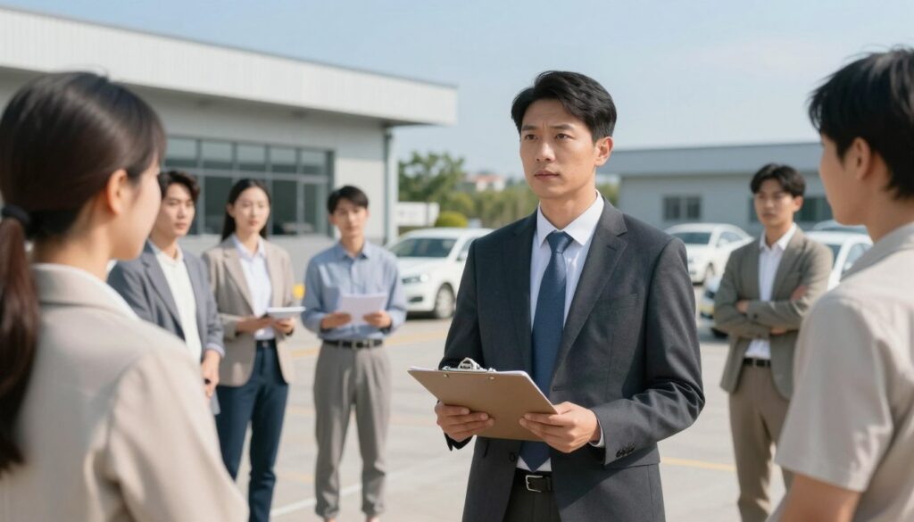 A professional driving instructor in modest business attire, standing confidently in front of a modern driving school building, with a clipboard in hand, reviewing requirements for aspiring instructors. In the foreground, the instructor's focused expression conveys determination and ambition. The middle ground features a diverse group of individuals, dressed in casual yet professional clothing, engaging in a discussion about instructor qualifications. In the background, a clear blue sky surrounds the driving school, with parked cars showcasing driving lessons in progress. Soft, natural lighting enhances the motivational atmosphere, highlighting the importance of education and professionalism in the driving instruction field. The overall composition aims to inspire and inform, reflecting a serious yet encouraging mood.