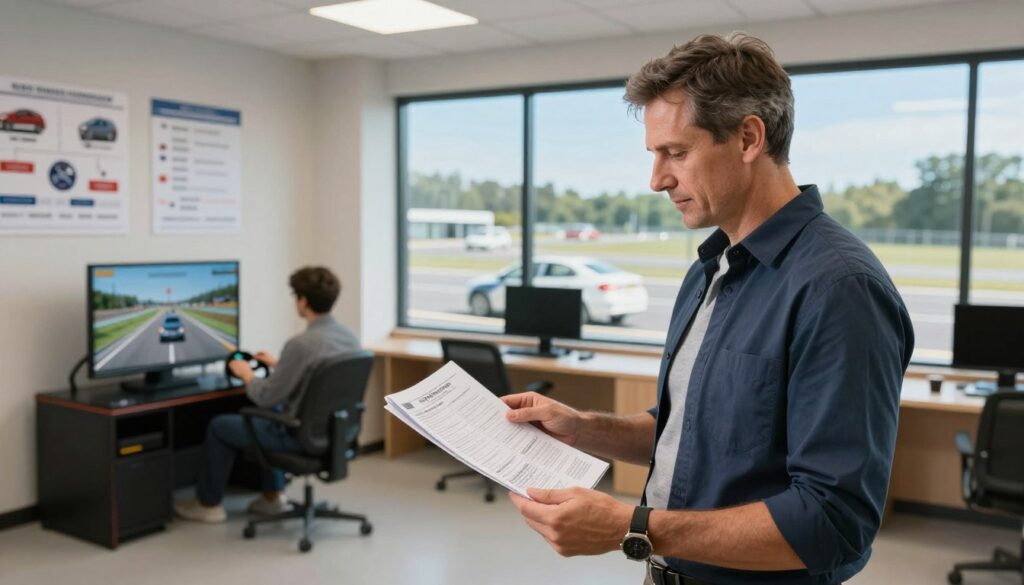 A professional driving instructor standing confidently in a well-lit, modern driving school office. The foreground shows the instructor, a middle-aged Caucasian man in a smart casual outfit, examining a set of driving lesson materials. In the middle ground, there are charts and diagrams related to driving skills, while a driving simulator is positioned to the left. In the background, a large window offers a view of a driving track with cars practicing, under a clear blue sky. The atmosphere is focused and educational, with warm lighting creating a welcoming environment. The angle is slightly elevated, providing a comprehensive view of the instructor and the informative setting, emphasizing the professionalism involved in becoming a driving instructor. A professional driving instructor standing confidently in a well-lit, modern driving school office. The foreground shows the instructor, a middle-aged Caucasian man in a smart casual outfit, examining a set of driving lesson materials. In the middle ground, there are charts and diagrams related to driving skills, while a driving simulator is positioned to the left. In the background, a large window offers a view of a driving track with cars practicing, under a clear blue sky. The atmosphere is focused and educational, with warm lighting creating a welcoming environment. The angle is slightly elevated, providing a comprehensive view of the instructor and the informative setting, emphasizing the professionalism involved in becoming a driving instructor.