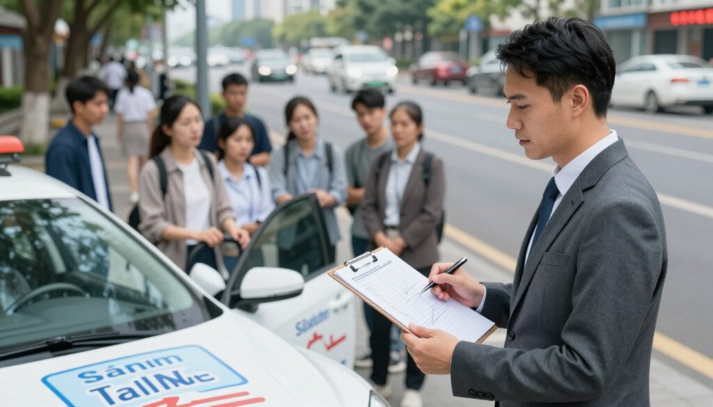 A professional driving instructor, wearing smart business attire, stands beside a training car in a modern urban setting, holding a clipboard with charts and statistics. In the foreground, emphasize the instructor's focused expression, showcasing dedication to their profession. The middle ground features a clear view of the training car, adorned with instructional stickers, while a diverse group of students is gathered, attentively discussing various factors affecting driving instructor salaries. The background showcases a busy city street with traffic and pedestrians to reflect an active environment. Soft, natural lighting highlights the scene, creating an optimistic and dynamic atmosphere, with a wide-angle lens capturing the interaction and engagement among individuals. A professional driving instructor, wearing smart business attire, stands beside a training car in a modern urban setting, holding a clipboard with charts and statistics. In the foreground, emphasize the instructor's focused expression, showcasing dedication to their profession. The middle ground features a clear view of the training car, adorned with instructional stickers, while a diverse group of students is gathered, attentively discussing various factors affecting driving instructor salaries. The background showcases a busy city street with traffic and pedestrians to reflect an active environment. Soft, natural lighting highlights the scene, creating an optimistic and dynamic atmosphere, with a wide-angle lens capturing the interaction and engagement among individuals.