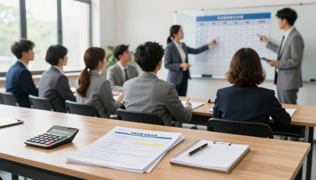 A professional driving school classroom setting, showcasing a structured environment for learning about driving license categories C and C+E. In the foreground, a neatly arranged wooden desk with study materials including a driving manual, a calculator, and a notepad, reflecting the costs of training and exams. In the middle, a group of diverse individuals in professional business attire attentively discussing with an instructor, pointing at a large whiteboard displaying a detailed cost breakdown chart. In the background, a window letting in soft natural light, enhancing the focus on the discussions while creating an optimistic atmosphere. The scene conveys an air of professionalism and attentiveness, ideal for a serious topic on driving education costs. A professional driving school classroom setting, showcasing a structured environment for learning about driving license categories C and C+E. In the foreground, a neatly arranged wooden desk with study materials including a driving manual, a calculator, and a notepad, reflecting the costs of training and exams. In the middle, a group of diverse individuals in professional business attire attentively discussing with an instructor, pointing at a large whiteboard displaying a detailed cost breakdown chart. In the background, a window letting in soft natural light, enhancing the focus on the discussions while creating an optimistic atmosphere. The scene conveys an air of professionalism and attentiveness, ideal for a serious topic on driving education costs.