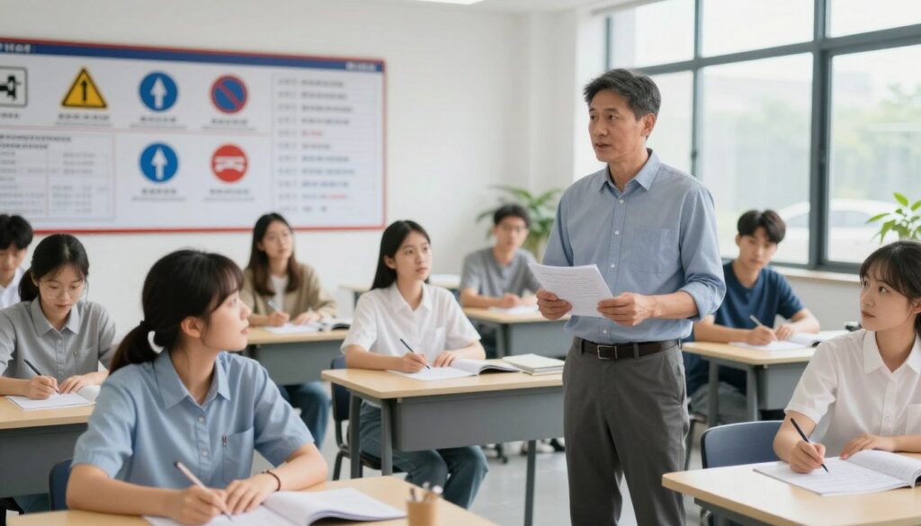 A professional driving school environment, featuring a well-lit indoor classroom with a modern design. In the foreground, focus on a driving instructor, a middle-aged man in business casual attire, engaging with a diverse group of students seated at desks, studying driving regulations. In the middle ground, display a large educational chart on the wall illustrating traffic signs and driving rules. The background should show large windows allowing soft natural light to filter in, creating a calm and focused atmosphere. The mood is encouraging and motivating, emphasizing the importance of preparation for both theory and practical driving tests.