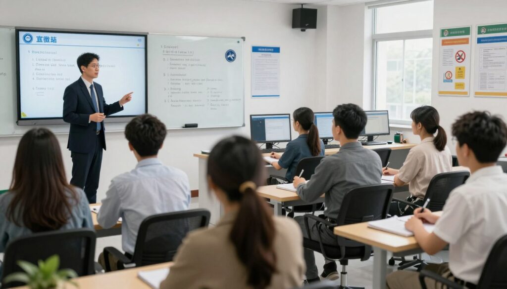 A professional driving school setting inside a modern examination room at a driving authority. The foreground features an instructor, dressed in business attire, explaining theoretical concepts on a digital screen. A diverse group of students, wearing casual yet modest clothing, attentively listens and takes notes. In the middle ground, a large whiteboard displays traffic signs and rules, while a set of computer stations is visible for theoretical test-taking. The background shows a wall adorned with educational materials and safety posters. Soft, natural lighting from windows creates an inviting atmosphere, and the focus is slightly blurred to emphasize the students' engagement in learning. Overall, the mood is focused and informative, reflecting a serious yet encouraging environment for learners about to take their driving theory exam.