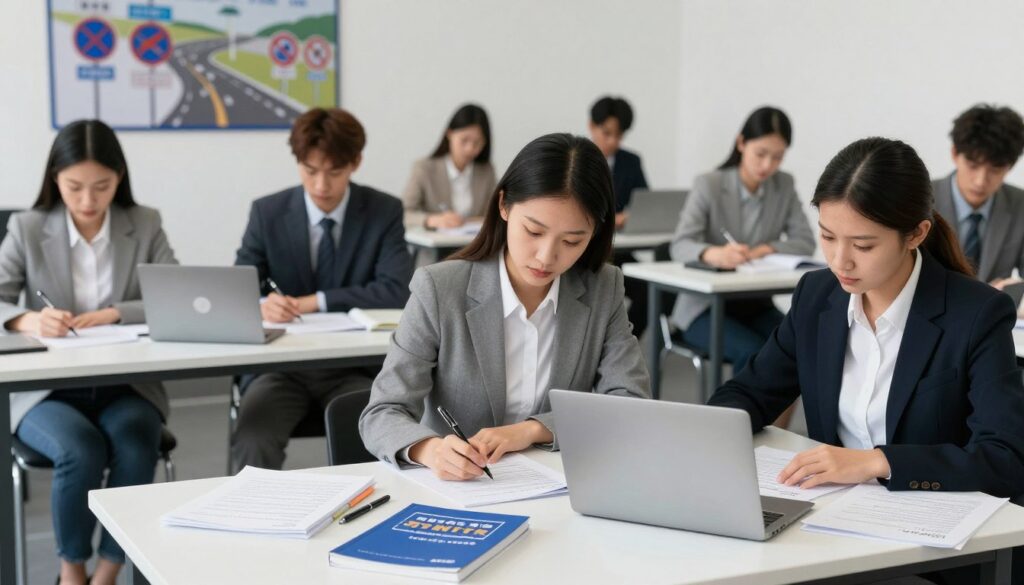 A professional driving theory exam setting, featuring a diverse group of individuals, both men and women, dressed in smart casual attire, focused on answering questions on paper. In the foreground, emphasize a table cluttered with study materials, such as a driving handbook, notes, and a laptop displaying a practice test. The middle ground captures candidates seated at individual desks, with serious expressions and pens in hand, immersed in their tasks. In the background, a large poster depicting road signs and traffic rules hangs on the wall. The lighting is bright and even, creating an atmosphere of concentration and determination, with a slight depth of field to focus on the exam participants.