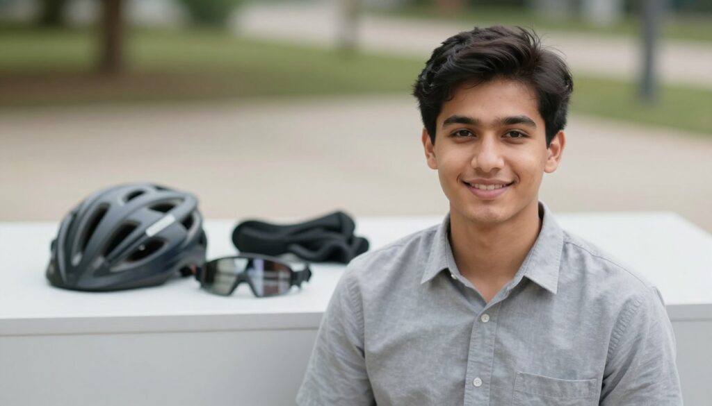 A professional headshot of a young adult posing in a modest casual outfit, aimed specifically for a bicycle card application. The foreground features the subject standing confidently against a smooth, neutral backdrop that suggests clarity and formality. The middle ground includes a bicycle helmet and safety gear arranged neatly, emphasizing safety and responsibility. The background is softly blurred, creating a focus on the subject while hinting at a park setting that conveys outdoor activity. Soft, natural lighting enhances the pleasant atmosphere, casting no harsh shadows. The angle is slightly from above, giving an approachable and friendly perspective, making the image suitable for an official document while maintaining a professional yet approachable look.