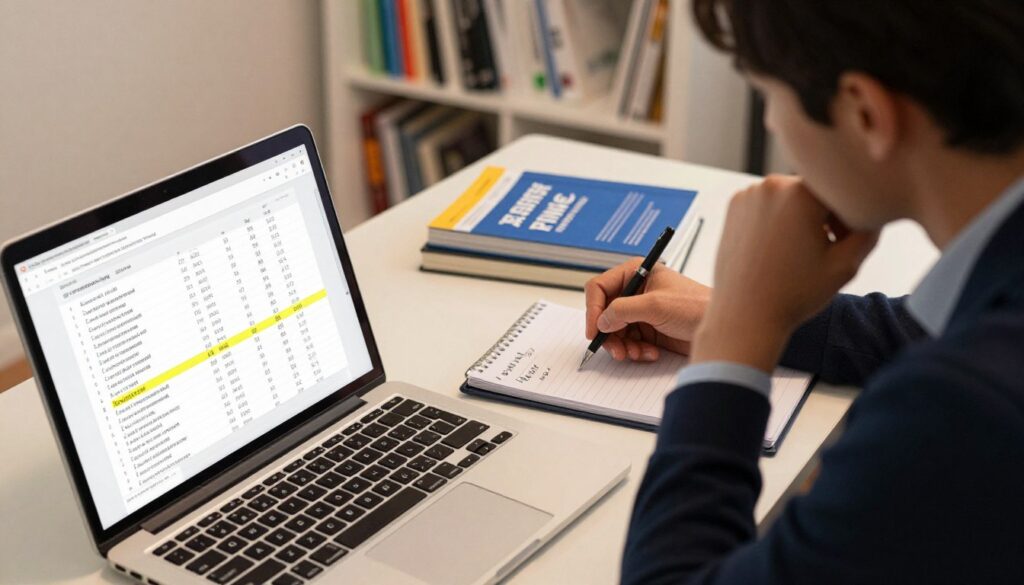 A professional individual sitting at a modern desk, deeply analyzing a computer screen filled with a questions database related to driving theory exams. In the foreground, display a close-up of a laptop displaying a neatly organized list of questions, with some highlighted for relevance. The middle ground shows the person, dressed in smart casual attire, taking notes on a notepad with a pen, focused and contemplative, surrounded by reference books on driving regulations. The background features a well-lit bookshelf filled with educational materials and driving manuals. The atmosphere is serious yet motivational, with warm, soft lighting that creates an engaging study environment. The angle is slightly overhead to capture both the laptop screen and the individual's focused expression. A professional individual sitting at a modern desk, deeply analyzing a computer screen filled with a questions database related to driving theory exams. In the foreground, display a close-up of a laptop displaying a neatly organized list of questions, with some highlighted for relevance. The middle ground shows the person, dressed in smart casual attire, taking notes on a notepad with a pen, focused and contemplative, surrounded by reference books on driving regulations. The background features a well-lit bookshelf filled with educational materials and driving manuals. The atmosphere is serious yet motivational, with warm, soft lighting that creates an engaging study environment. The angle is slightly overhead to capture both the laptop screen and the individual's focused expression.