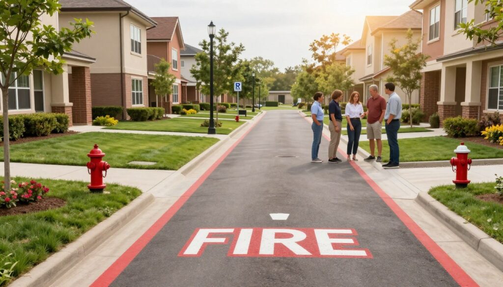A professional-looking residential community with well-maintained buildings lining a clear fire lane. In the foreground, a designated fire lane is marked with clear signage and red paint, showing a parking area that is strictly for emergency vehicles. The middle ground includes residents in modest casual clothing discussing parking rules, while a fire hydrant is visible nearby. The background features a well-kept green space, with trees and flowers creating a welcoming atmosphere. The scene is bathed in soft, natural light, suggesting a sunny day, with a slight lens flare enhancing the warmth. The overall mood is informative yet inviting, communicating the importance of safety and community responsibility. A professional-looking residential community with well-maintained buildings lining a clear fire lane. In the foreground, a designated fire lane is marked with clear signage and red paint, showing a parking area that is strictly for emergency vehicles. The middle ground includes residents in modest casual clothing discussing parking rules, while a fire hydrant is visible nearby. The background features a well-kept green space, with trees and flowers creating a welcoming atmosphere. The scene is bathed in soft, natural light, suggesting a sunny day, with a slight lens flare enhancing the warmth. The overall mood is informative yet inviting, communicating the importance of safety and community responsibility.