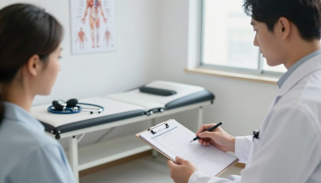 A professional medical examination room focused on occupational medicine, depicting a clean and organized setting. In the foreground, a medical doctor in a white lab coat is attentively examining a patient's health records on a clipboard. The middle ground features a medical examination table with various diagnostic tools neatly arranged, such as a stethoscope and sphygmomanometer. In the background, a wall-mounted chart showing a human anatomy diagram adds educational context. Soft, natural lighting floods the room through a window, creating a calm and inviting atmosphere. The angle of the shot is slightly elevated, emphasizing the professionalism of the environment and the expertise of the doctor. The overall mood is reassuring and clinical, suitable for a healthcare setting.