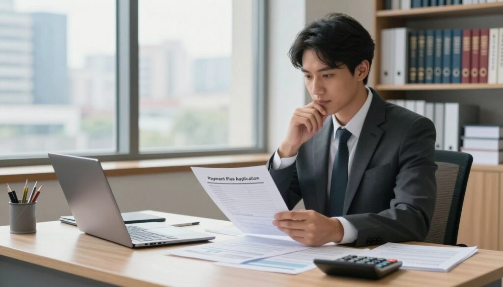 A professional, modern office setting with a focus on a well-organized, visually appealing desk. In the foreground, a businessperson in a smart suit, looking thoughtfully at a document titled "Payment Plan Application." They are surrounded by a laptop, a calculator, and neatly arranged financial papers. In the middle ground, a large window reveals a cityscape drenched in soft, natural light, enhancing the atmosphere of productivity and seriousness. The background features shelves stacked with legal books and financial resources, further emphasizing the business context. Overall, the mood is one of focus and clarity, with a sense of hopefulness about navigating financial responsibilities. Soft shadows accentuate the workspace, creating an inviting yet professional ambiance. A professional, modern office setting with a focus on a well-organized, visually appealing desk. In the foreground, a businessperson in a smart suit, looking thoughtfully at a document titled "Payment Plan Application." They are surrounded by a laptop, a calculator, and neatly arranged financial papers. In the middle ground, a large window reveals a cityscape drenched in soft, natural light, enhancing the atmosphere of productivity and seriousness. The background features shelves stacked with legal books and financial resources, further emphasizing the business context. Overall, the mood is one of focus and clarity, with a sense of hopefulness about navigating financial responsibilities. Soft shadows accentuate the workspace, creating an inviting yet professional ambiance.